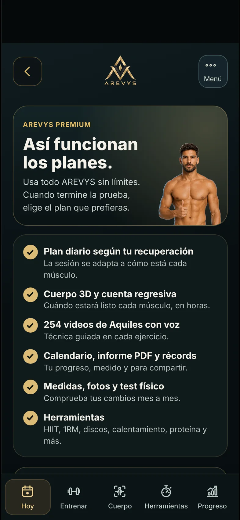 Pantalla de planes de AREVYS dentro de la app