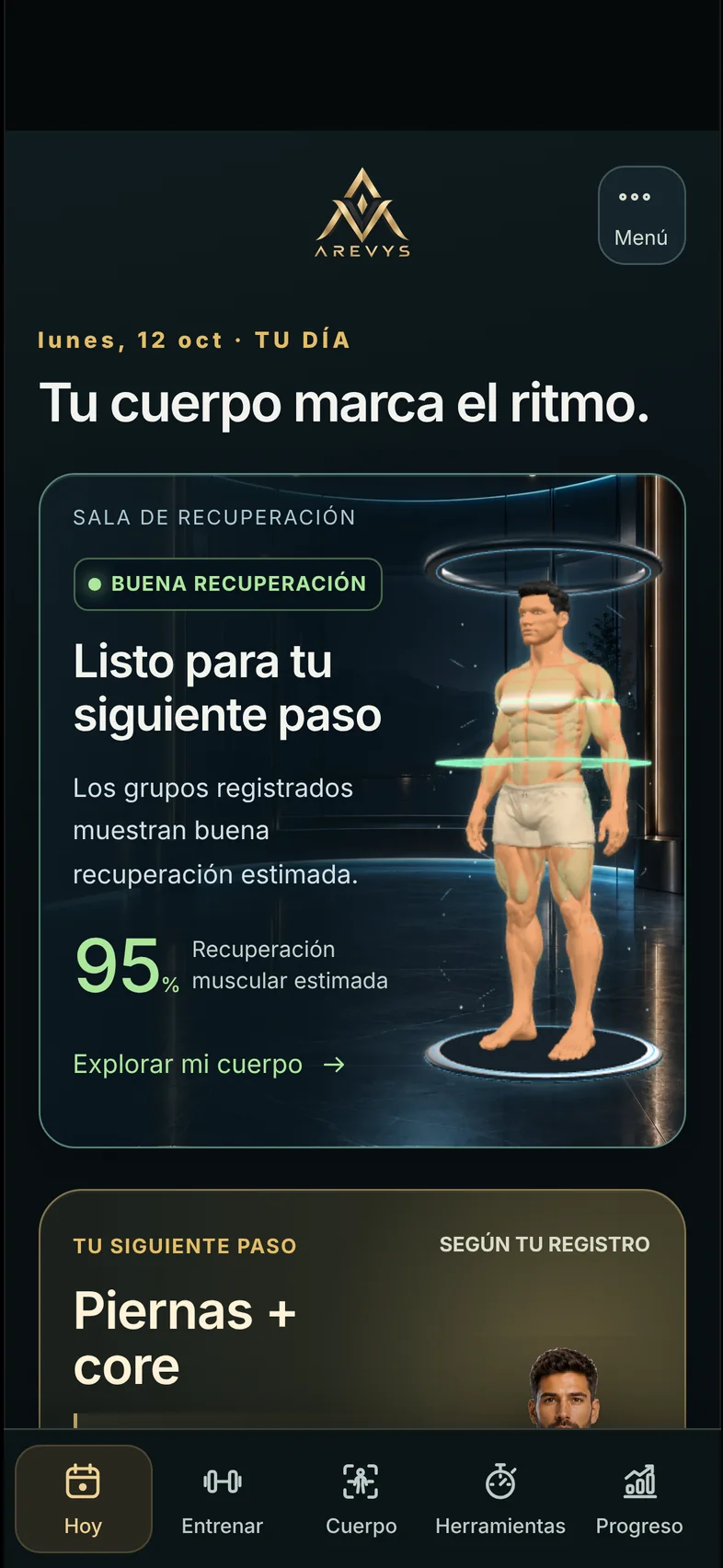 Pantalla Hoy de AREVYS: listo para tu siguiente paso, recuperación muscular estimada